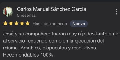 Comentario de usuario sobre un servicio, destacando amabilidad y rapidez. 5 estrellas.